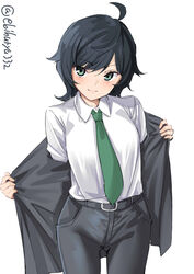  absurdres ahoge alternate_costume belt black_belt black_hair black_pants blazer blouse commentary_request contemporary duplicate ebifurya female green_eyes green_necktie highres jacket kantai_collection light_smile looking_at_viewer matsukaze_(kancolle) necktie open_clothes open_jacket pants pixel-perfect_duplicate shirt short_hair simple_background smile solo swept_bangs twitter_username wavy_hair white_background white_shirt 