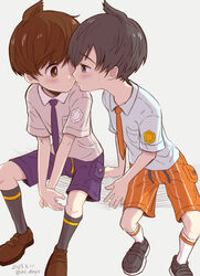  2boys asu_(as_dayo) between_legs black_eyes black_footwear black_hair black_socks blush breast_pocket brown_eyes brown_footwear brown_hair collared_shirt commentary dated florian_(pokemon) hand_between_legs highres imminent_kiss kneehighs leaning male_focus multiple_boys naranja_academy_(emblem) naranja_academy_school_uniform necktie orange_necktie orange_shorts pocket pokemon pokemon_sv purple_necktie purple_shorts school_uniform selfcest shirt short_hair shorts sitting socks striped_clothes striped_shorts sweatdrop uva_academy_(emblem) uva_academy_school_uniform vertical-striped_clothes vertical-striped_shorts white_socks yaoi 