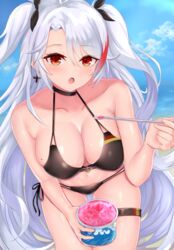  ana_(vvvvor) antenna_hair ass_visible_through_thighs azur_lane bad_id bad_pixiv_id bikini black_bikini black_choker black_ribbon blue_sky breasts bucket choker cleavage cross cross_earrings day earrings female flag_print german_flag_bikini german_flag_print hair_ribbon halterneck holding holding_bucket ice_cream_spoon iron_cross jewelry large_breasts long_hair looking_at_viewer mole mole_on_breast multicolored_hair navel official_alternate_costume open_mouth outdoors print_bikini prinz_eugen_(azur_lane) prinz_eugen_(unfading_smile)_(azur_lane) red_hair ribbon side-tie_bikini_bottom sideboob sky solo spoon stomach streaked_hair string_bikini swimsuit thigh_strap two-tone_hair very_long_hair white_hair yellow_eyes 