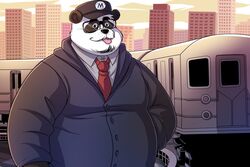  2020 anthro bear belly big_belly black_body black_fur city clothing detailed_background fur giant_panda hat headgear headwear hi_res john_vithor male mammal necktie outside overweight overweight_anthro overweight_male shirt solo tongue tongue_out topwear white_body white_fur 