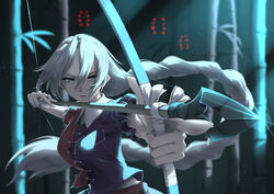  arms_up arrow_(projectile) bamboo bamboo_forest big_dipper blue_dress bow_(weapon) braid breasts collar collared_dress constellation drawing_bow dress female forest glint grey_eyes grey_hair hair_between_eyes hands_up highres holding holding_arrow holding_bow_(weapon) holding_weapon index_finger_raised light long_hair looking_to_the_side medium_breasts moonlight multicolored_clothes multicolored_dress nature night no_headwear open_mouth otomeza_ryuseigun puffy_short_sleeves puffy_sleeves red_dress shadow short_sleeves solo touhou weapon yagokoro_eirin 