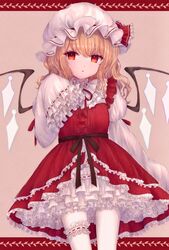  adapted_costume bebitera belt blouse border bow bowtie breasts brown_background brown_belt brown_bow crystal dress dress_bow embellished_costume eyelashes female flandre_scarlet frilled_dress frilled_ribbon frills hair_between_eyes hand_up hat hat_ribbon highres jewelry juliet_sleeves leaf long_sleeves looking_to_the_side medium_breasts mob_cap multicolored_wings one_side_up open_mouth orange_hair pantyhose puffy_sleeves red_border red_bow red_bowtie red_dress red_eyes red_ribbon ribbon shirt simple_background solo standing touhou white_hat white_pantyhose white_shirt wide_sleeves wings 