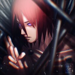  1boy artist_name behindxa commentary fingernails hand_gesture highres male_focus nagato_(naruto) naruto_(series) naruto_shippuuden ninja open_mouth purple_eyes red_eyes red_hair rinnegan solo teeth topless_male upper_body v-shaped_eyebrows 