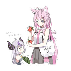  2girls ahoge animal_ears antenna_hair apple bag black_skirt braid braided_bun chemical_structure chest_harness clothes_writing commentary copyright_name crown_braid food fruit grey_hair hair_bun hair_ornament hakui_koyori hakui_koyori_(1st_costume) hana_mori harness highres holding holding_food holding_fruit holding_watermelon hololive horns la+_darknesss la+_darknesss_(1st_costume) long_hair multicolored_hair multiple_girls necktie pink_hair pink_necktie pointy_ears purple_eyes skirt streaked_hair tote_bag translated virtual_youtuber watermelon white_bag wolf_ears yellow_eyes 