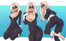  artist_name ass ass_focus black_bodysuit black_cat_(marvel) black_choker blue_eyes bodysuit breasts cameltoe choker cleavage commentary domino_mask english_commentary felicia_hardy female gloves highres kneeling long_hair looking_at_viewer marvel mask multiple_views patreon_username toksie watermark web_address white_gloves white_hair 