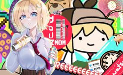  5girls absurdres blonde_hair blue_eyes blush bubba_(watson_amelia) can dual_wielding gawr_gura hair_ornament highres holding holding_can hololive hololive_english looking_at_viewer medium_hair minecraft minecraft_pickaxe mori_calliope multiple_girls necktie ninomae_ina&#039;nis parody parted_lips pixiv_logo pixiv_username red_necktie roman_numeral skb.- smol_ame spray_can style_parody takanashi_kiara teeth tentacle twitter_logo twitter_username upper_body virtual_youtuber walfie_(style) watson_amelia watson_amelia_(1st_costume) 