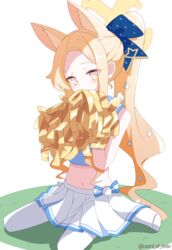  absurdres animal_ear_fluff animal_ears blonde_hair blue_archive blush cheerleader extra_ears female fox_ears halo highres holding holding_pom_poms long_hair looking_at_viewer md5_mismatch murasame_(sword_of_nmkr) navel pantyhose pleated_skirt pom_pom_(cheerleading) seia_(blue_archive) simple_background skirt solo twitter_username white_background white_pantyhose white_skirt yellow_eyes yellow_halo 