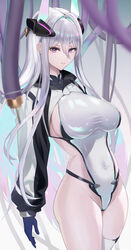  absurdres aqua_pupils azur_lane bovine female hair_between_eyes headgear highres horns impossible_clothes impossible_leotard kearsarge_(azur_lane) leotard long_hair looking_at_viewer mechanical_gloves mechanical_horns multicolored_leotard pigu_56100 sideless_leotard subdermal_port taut_leotard thong_leotard two-tone_leotard white_hair white_leotard white_shrug 