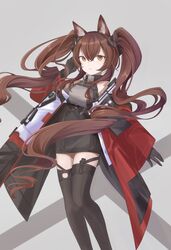  angelina_(arknights) angelina_(endfield)_(arknights) animal_ears arknights arknights:_endfield arm_up bare_shoulders belt black_bracelet black_gloves breasts brown_hair clenched_teeth coat diamond-shaped_pupils diamond_(shape) dress earpiece female floating_hair fox_ears fox_girl gloves grey_dress grey_thighhighs high_belt highres impossible_clothes long_hair looking_at_viewer medium_breasts nao_(pixiv92881824) off_shoulder open_clothes open_coat orange_coat orange_eyes red_coat sidelocks simple_background solo symbol-shaped_pupils teeth thighhighs twintails zettai_ryouiki 