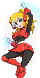  absurdres armor black_bodysuit blonde_hair blue_eyes bodysuit boots clenched_hands female gloves gonzarez highres looking_at_viewer magic mario_(series) mighty_peach official_alternate_costume open_mouth ponytail princess_peach princess_peach:_showtime! red_armor red_footwear solo visor_(armor) white_gloves 