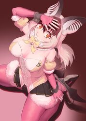  animal_ears bat_ears bat_girl bat_wings breasts brown_eyes brown_hair brown_long-eared_bat_(kemono_friends) chicha_(chi_cha_rigbo) cleavage elbow_gloves extra_ears female fingerless_gloves from_above gloves grey_hair highres kemono_friends kemono_friends_v_project large_breasts leotard long_hair looking_at_viewer multicolored_hair pantyhose simple_background skirt solo virtual_youtuber wings 