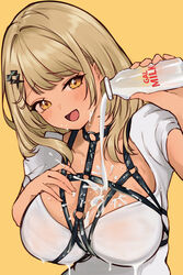  absurdres between_breasts black_collar blonde_hair blush bottle breasts chest_belt chest_harness collar dark-skinned_female dark_skin dress female grin gyaru hair_ornament hand_on_own_chest harness highres holding holding_bottle implied_breast_milk kaminari_qpi large_breasts light_smile looking_at_viewer milk milk_bottle o-ring o-ring_harness open_mouth orange_eyes pouring pouring_onto_self puffy_short_sleeves puffy_sleeves purelove_acc sexually_suggestive short_sleeves simple_background smile solo upper_body virtual_youtuber vspo! wet wet_clothes white_dress x_hair_ornament yellow_background yellow_eyes 