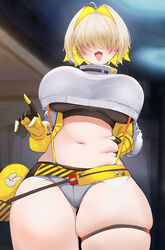  :3 :d absurdres ahoge belly_grab blonde_hair blurry blurry_background breasts cowboy_shot crop_top crop_top_overhang cropped_sweater elegg_(nikke) female fluffyebi01 gloves goddess_of_victory:_nikke grey_shorts hair_intakes hair_over_eyes hand_up highres huge_breasts long_sleeves micro_shorts multicolored_hair navel oerba_yun_fang open_mouth plump short_hair shorts skindentation smile solo sports_bra stomach suspender_shorts suspenders thick_thighs thigh_strap thighs two-tone_hair 