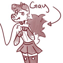  1:1 ambiguous_gender anthro arrow_sign big_tail bottomwear canid canine clothing collar grin leash leashed_collar legwear male mammal nya pleated_skirt skirt smile smiling_at_viewer smirk smirking_at_viewer solo tail thigh_highs toothy_grin trouble_(artist) 