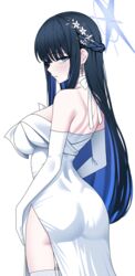  absurdres ass black_hair blue_archive blue_eyes blue_hair blue_halo blush breasts colored_inner_hair commentary cowboy_shot dress earrings elbow_gloves female gloves halo highres jewelry large_breasts long_hair looking_at_viewer multicolored_hair official_alternate_costume saori_(blue_archive) saori_(dress)_(blue_archive) shirt simple_background solo strapless strapless_dress tewaki thighhighs white_dress white_gloves white_shirt white_thighhighs 