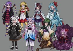  6+girls :d ampharos ariados arthropod_girl brown_eyes clam_shell crocodilian_tail dress espeon feraligatr flower forretress fusion grey_background hagoromo hair_flower hair_ornament headphones hood hoodie horns houndoom jacket japanese_clothes kizuna_akari kotonoha_akane kotonoha_aoi leaf leaf_on_head monster_girl multiple_girls oerba_yun_fang open_clothes open_jacket open_mouth orange_eyes pokemon protected_link purple_eyes purple_hair ray-k sharp_teeth shawl shirt simple_background skarmory smile spider_girl striped_clothes striped_shirt tail teeth touhoku_itako touhoku_kiritan touhoku_zunko tsurumaki_maki v-shaped_eyebrows victreebel vocaloid voiceroid yuzuki_yukari 