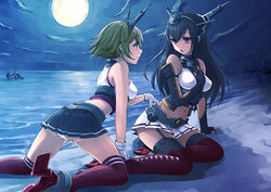  2girls abyssal_ship all_fours bare_shoulders beach black_hair blush brown_hair commentary_request from_side full_moon garter_straps gloves gogatsu_no_renkyuu green_eyes hairband headgear kantai_collection long_hair midriff miniskirt moon moonlight multiple_girls mutsu_(kancolle) nagato_(kancolle) navel night night_sky open_mouth panties photoshop_(medium) poking_belly profile shimakaze_(kancolle) short_hair skirt sky thighhighs underwear white_panties wo-class_aircraft_carrier yuri 