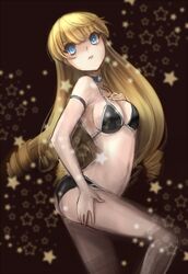  armlet ass bikini black_bikini blonde_hair blue_eyes breasts choker cross dai_(series) daiteikoku drawfag drill_hair female long_hair medium_breasts retia_adolf sideboob solo sparkle swimsuit 