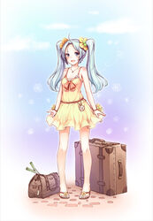  ahoge aqua_eyes aqua_hair bag commentary_request dress female gogatsu_no_renkyuu hatsune_miku jewelry long_hair necklace open_mouth sandals solo spring_onion suitcase twintails vocaloid yellow_dress 