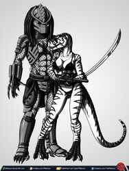  amora_the_t-rex anthro anthrosaurs armor bra breasts claw_(weapon) clawed_vambrace claws clothing cuisse curved_sword digital_media_(artwork) dinosaur duo extinct female fishnet_clothing greaves hi_res kashyll_(predaguy) melee_weapon non-mammal_breasts predaguy predator_(franchise) prehistoric_species reptile sabatons scalie stripes sword text theropod underwear url vambrace weapon yautja 