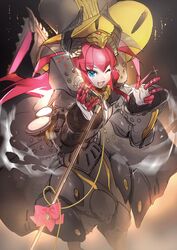  blue_eyes bow charles_babbage_(fate) charles_babbage_(fate)_(cosplay) commentary_request cosplay dress elizabeth_bathory_(fate) fate/grand_order fate_(series) female hat highres horns mecha_eli-chan_(fate) microphone microphone_stand no-kan oerba_yun_fang one_eye_closed pink_hair robot solo wings 