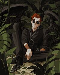  1boy black_footwear black_pants black_suit crowley_(good_omens) demon_boy demon_wings formal glasses good_omens male_focus nipuni pants red_hair sitting suit wings 