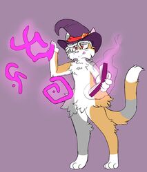  absurd_res anthro arcanis_(hahaluckyme) book calico_cat chest_tuft clothing crisstail domestic_cat felid feline felis fur grey_body grey_fur hair hat hat_only headgear headgear_only headwear headwear_only hi_res holding_book holding_object magic_runes magic_user male mammal mostly_nude purple_background red_eyes simple_background solo standing tail tuft white_body white_fur white_hair yellow_body yellow_fur 