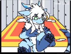  blue_body blue_fur changed_(video_game) detailed_background dragon dragontim feet foot_focus front_view fur furred_dragon furred_scalie hair horn inside kemono looking_at_own_foot low_res male mythological_creature mythological_scalie mythology pawpads paws scalie screencap sitting solo source_request white_hair 