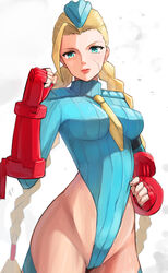  absurdres ahoge blonde_hair blue_eyes blue_hat bodypaint braid breasts cammy_white covered_navel cowboy_shot female fingerless_gloves garrison_cap gloves hat highres huge_ahoge large_breasts leotard necktie oruru63100814 red_gloves ribbed_leotard scar scar_on_cheek scar_on_face simple_background sleeved_leotard solo street_fighter street_fighter_zero_(series) thong_leotard twin_braids white_background yellow_necktie 