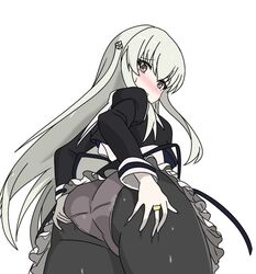  ass ass_grab assault_lily black_pantyhose black_skirt blush breasts clothes_lift cowboy_shot cropped_jacket egawa_kusumi female flower frilled_skirt frills from_behind from_below grabbing_own_ass grey_hair hair_between_eyes hair_flower hair_ornament jewelry kimassi long_hair looking_at_viewer looking_back looking_down miniskirt nose_blush panties panties_under_pantyhose pantyhose parted_lips raised_eyebrows ring school_uniform shirt simple_background skirt skirt_lift small_breasts solo standing sweatdrop underwear very_long_hair white_background white_flower white_shirt yurigaoka_girls_academy_school_uniform 