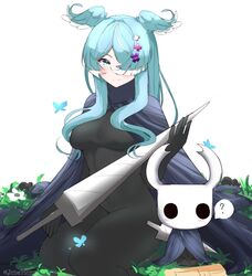  1other ? absurdres black_bodysuit blue_butterfly blue_cape blue_eyes blue_hair blush bodysuit breasts bug butterfly cape closed_mouth coiled_nail_(hollow_knight) cosplay crossover elira_pendora female grass hair_ornament hair_over_one_eye hairclip head_wings highres holding holding_sword holding_weapon hollow_knight horns juneplums knight_(hollow_knight) knight_(hollow_knight)_(cosplay) long_hair looking_at_viewer medium_breasts nail_(hollow_knight) nijisanji nijisanji_en one_eye_covered simple_background sitting slit_pupils smile spoken_question_mark sword virtual_youtuber weapon white_background wings 