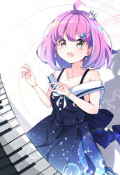  :d absurdres blue_dress blush bracelet candy_hair_ornament crescent crescent_earrings crown dress earrings female food-themed_hair_ornament fumi_(fumibeing) gradient_hair green_eyes hair_ornament hairclip heterochromia highres himemori_luna himemori_luna_(sundress) hololive instrument jewelry looking_at_viewer mini_crown multicolored_hair necklace off-shoulder_dress off_shoulder official_alternate_costume open_mouth piano piano_keys pink_hair princess purple_eyes purple_hair sailor_dress short_hair smile solo star_(symbol) star_necklace starry_sky_print tilted_headwear virtual_youtuber 