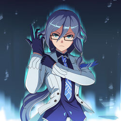  absurdres black_gloves black_hair blue_eyes blue_necktie blue_vest emubi female fu_hua fu_hua_(night_squire) glasses gloves hair_between_eyes highres honkai_(series) honkai_impact_3rd jacket long_hair long_sleeves looking_at_viewer necktie ponytail solo vest white_jacket 