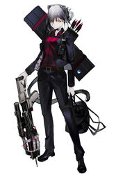  absurdres alternate_costume animal_ears arknights arrow_(projectile) bag belt black_collar black_jacket black_pants cat_ears cat_girl cat_tail collar crossbow female full_body gloves grey_hair hair_between_eyes highres holding holding_bag infection_monitor_(arknights) jacket long_hair looking_at_viewer mackia open_clothes open_jacket pants quiver red_shirt schwarz_(arknights) shirt simple_background solo standing tachi-e tail weapon white_background white_gloves yellow_eyes 