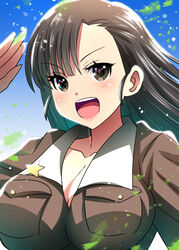  :d ai_wa_muteki asymmetrical_bangs black_eyes black_hair breasts brown_jacket chi-hatan_military_uniform cleavage commentary female girls_und_panzer jacket large_breasts long_hair long_sleeves looking_at_viewer military military_uniform nishi_kinuyo open_mouth salute smile solo star_(symbol) straight_hair uniform upper_body 