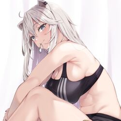  animal_ears armpit_crease black_shorts black_sports_bra breasts cleavage dog_tags female grey_eyes grey_hair hair_between_eyes hololive large_breasts lion_ears lion_girl long_hair looking_at_viewer midriff moisture_(chichi) mouth_hold navel official_alternate_costume official_alternate_hairstyle shishiro_botan shishiro_botan_(button-down) shorts sitting smile solo sports_bra striped striped_sports_bra vertical-striped_sports_bra virtual_youtuber 