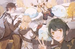  &gt;_&lt; 4boys albedo_(genshin_impact) bennett_(genshin_impact) black_hair black_shorts blonde_hair blue_hair blurry blush brown_hair carm_(ruoyeahs) closed_eyes cup dated day earrings genshin_impact gloves holding holding_cup hood hood_down hooded_jacket jacket jewelry long_hair long_sleeves male_focus multiple_boys open_mouth outdoors ponytail short_sleeves shorts signature single_earring slime_(genshin_impact) snow tree twitter_username v white_hair xingqiu_(genshin_impact) yellow_eyes zhongli_(genshin_impact) 