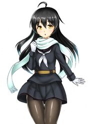  ahoge alternate_legwear belt black_hair black_pantyhose black_sailor_collar black_serafuku breasts crescent crescent_pin female gloves hair_between_eyes kantai_collection kudou_(ooabareteng) long_hair long_sleeves looking_at_viewer mikazuki_(kancolle) necktie open_mouth pantyhose sailor_collar scarf school_uniform serafuku small_breasts solo white_gloves white_necktie yellow_eyes 