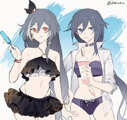  2girls artist_name bare_shoulders belly bikini black_headwear blue_eyes choker closed_mouth collarbone commentary_request cup dual_persona earrings food fu_hua fu_hua_(herrscher_of_sentience) grey_hair hair_between_eyes hand_on_own_hip haruka_(rsyaooooo) highres holding holding_cup honkai_(series) honkai_impact_3rd jewelry long_hair long_sleeves looking_at_viewer multicolored_hair multiple_girls navel official_alternate_costume open_clothes open_shirt popsicle red_eyes simple_background streaked_hair swimsuit tongue tongue_out upper_body 