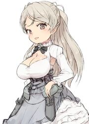  alchera breasts cleavage cleavage_cutout clothing_cutout conte_di_cavour_(kancolle) dress female green_eyes grey_hair kantai_collection large_breasts layered_dress long_hair looking_at_viewer multicolored_hair parted_lips simple_background solo two-tone_dress two-tone_hair white_background white_dress 