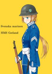  aqua_eyes belt belt_pouch blonde_hair blue_hat blue_jacket blue_pants braid breast_pocket buttons closed_mouth coat_of_arms collared_jacket commentary_request female gloves gotland_(warship_girls_r) gun hat helmet highres holding holding_weapon insignia jacket knife long_hair looking_to_the_side military military_uniform outline pants pocket ponytail pouch rifle shoulder_strap simple_background smile solo strap swedish_text swedish_uniform tre_kronor uniform warship_girls_r weapon white_belt white_gloves white_trim whiterose_tavern yellow_background 