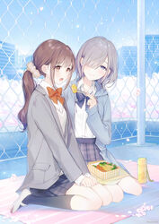  2girls bangs bento black_legwear black_skirt blazer blue_eyes blue_sky blush brown_eyes brown_hair brown_scrunchie building chain-link_fence chopsticks closed_mouth collared_shirt commentary_request day drawstring dress_shirt eyebrows_visible_through_hair feeding fence flower gomzi grey_hair grey_jacket hair_ornament hair_scrunchie half-closed_eye happy head_tilt highres holding holding_chopsticks hood hood_down hooded_jacket jacket kneehighs long_hair long_sleeves low_ponytail multiple_girls omelet open_clothes open_jacket open_mouth original outdoors petals plaid plaid_skirt pleated_skirt ponytail rooftop school_uniform scrunchie shirt shoes sitting skirt sky sleeves_past_wrists smile sweater_vest tamagoyaki thermos uwabaki wariza white_flower white_footwear white_shirt yuri 