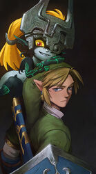  1boy blonde_hair blue_eyes closed_mouth clothed_male_nude_female collared_shirt colored_sclera colored_skin earrings female full_body glowing green_tunic grin helmet highres holding holding_shield hylian_shield jewelry layered_sleeves link long_hair long_sleeves looking_at_viewer looking_back looking_to_the_side malin_falch midna multicolored_skin nude oerba_yun_fang one_eye_covered orange_eyes orange_hair pointy_ears scabbard sheath shield shirt short_over_long_sleeves short_sleeves smile teeth the_legend_of_zelda the_legend_of_zelda:_twilight_princess unsheathed upper_body 