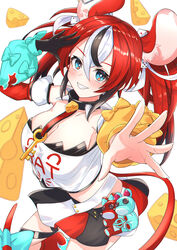  absurdres animal_ear_fluff animal_ears bare_shoulders black_gloves black_hair black_skirt blue_bow blue_eyes blush bow breasts cheese cleavage collar crop_top detached_sleeves dice_hair_ornament female food gloves grin hair_between_eyes hair_ornament hakos_baelz hakos_baelz_(1st_costume) heckler_kai highres hololive hololive_english key large_breasts long_sleeves looking_at_viewer midriff miniskirt mouse_ears mouse_girl mouse_tail multicolored_clothes multicolored_hair multicolored_skirt outstretched_arm pleated_skirt puffy_long_sleeves puffy_sleeves red_hair red_legwear red_skirt sharp_teeth shirt single_glove skirt sleeveless sleeveless_shirt smile solo spiked_collar spikes streaked_hair stuffed_animal stuffed_mouse stuffed_toy tail teeth thigh_strap twintails upside-down_commentary virtual_youtuber white_hair white_skirt yellow_bow 