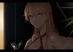  alcohol bare_shoulders blonde_hair braid breasts chinese_commentary cleavage closed_mouth cocktail cocktail_glass commentary_request cup dress drink drinking_glass earrings feather_boa female girls&#039;_frontline halter_dress halterneck highres holding holding_cup indoors jewelry large_breasts letterboxed long_hair looking_at_viewer mixed-language_commentary official_alternate_costume olive ots-14_(girls&#039;_frontline) ots-14_(ruler_of_the_banquet)_(girls&#039;_frontline) partial_commentary plant red_dress selcky solo yellow_eyes 