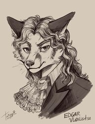  2020 anthro bust_portrait canid canine digital_drawing_(artwork) digital_media_(artwork) edgar_vladilisitsa fox hair hi_res long_hair male mammal monochrome portrait simple_background tatujapa whiskers 