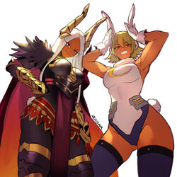  2girls :d alternate_costume animal_ears armor armored_boots armpits arms_up artist_name bare_shoulders black_armor black_feathers boku_no_hero_academia boots breastplate breasts cape chest_armor cosplay costume_switch crescent_print dark-skinned_female dark_skin english_commentary fake_animal_ears fake_tail feather_trim feathers fire_emblem fire_emblem_heroes fur_collar gauntlets gloves green_hair hair_between_eyes hair_ornament hand_on_own_hip highleg highleg_leotard laegjarn_(fire_emblem) laegjarn_(fire_emblem)_(cosplay) large_breasts leotard long_eyelashes long_hair looking_at_viewer meziosaur mirko mirko_(cosplay) multiple_girls pantyhose parted_bangs pelvic_curtain purple_thighhighs rabbit_ears rabbit_girl rabbit_pose rabbit_tail red_cape red_eyes short_hair smile tail tail_through_clothes thighhighs thighs toned white_background white_gloves white_hair white_leotard 