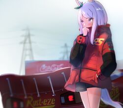  animal_ears bow car cars_(movie) chocomoch coca-cola commentary_request female hand_in_pocket highres horse_ears horse_girl horse_tail jacket lightning_mcqueen long_hair mejiro_mcqueen_(umamusume) motor_vehicle name_connection purple_eyes purple_hair race_vehicle racecar red_car shorts sky solo spoiler_(automobile) tail umamusume 