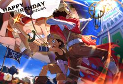  afro age_comparison aiming back-to-back black_hair cape explosion flag grin happy_birthday highres jolly_roger long_nose male_focus mask multiple_views official_alternate_costume one_piece overalls qin_(7833198) red_cape slingshot_(weapon) smile sogeking time_paradox usopp 