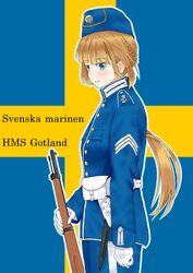  aqua_eyes belt belt_pouch blonde_hair blue_hat blue_jacket blue_pants braid breast_pocket buttons closed_mouth coat_of_arms collared_jacket commentary_request female flag_background garrison_cap gloves gotland_(warship_girls_r) gun hat highres holding holding_weapon insignia jacket knife long_hair looking_to_the_side military military_uniform outline pants pocket ponytail pouch rifle shoulder_strap smile solo swedish_flag swedish_text swedish_uniform tre_kronor uniform warship_girls_r weapon white_belt white_gloves white_outline white_trim whiterose_tavern 